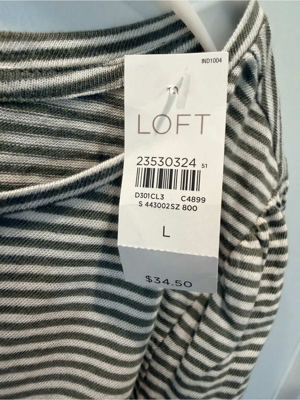 LOFT Olive Green Ivory Striped Cotton Scoop Neck Tee Large NWT